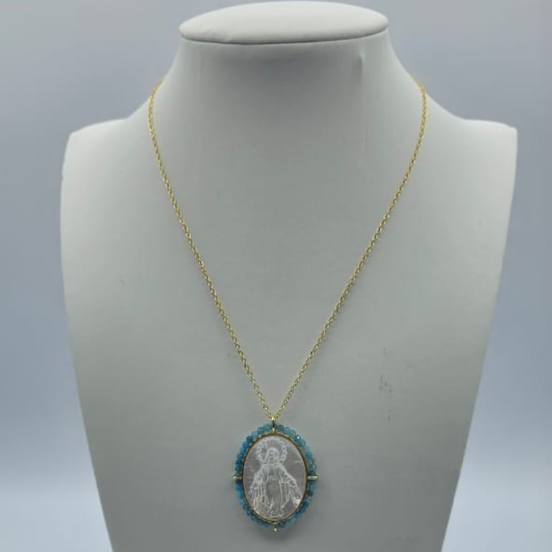 Cadena ajustable, medalla V.Milagrosa nacar 18x22mm  alrededor Agua Marina