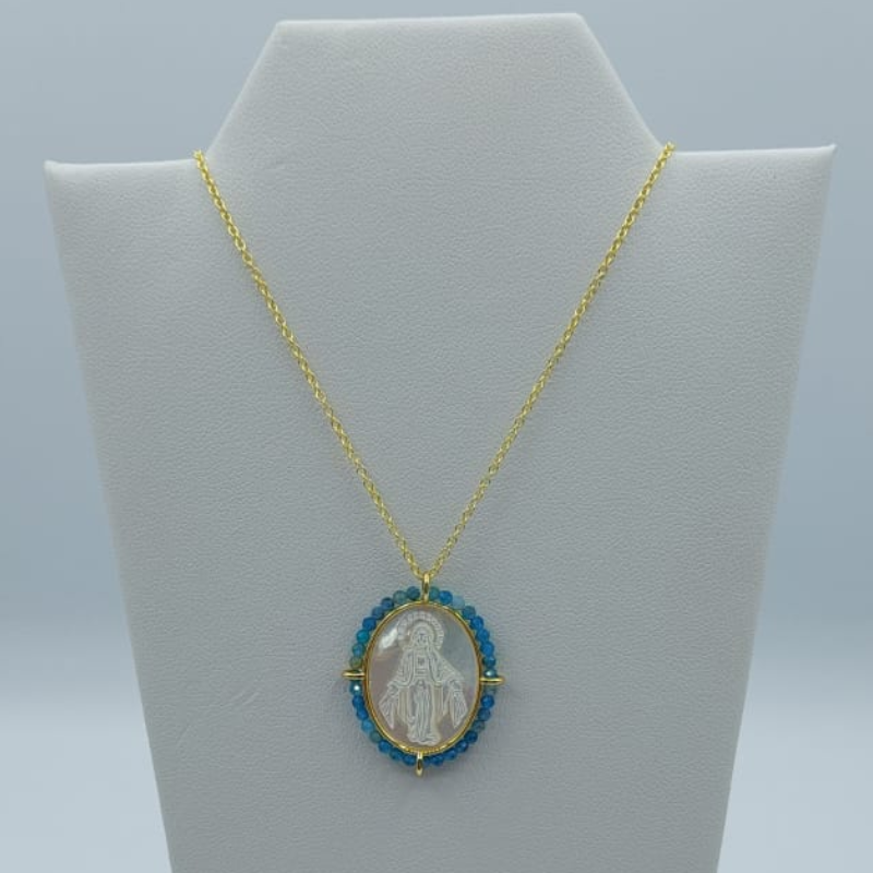 Cadena Con Virgen Milagrosa Engastada Con Aguamarina Mediana