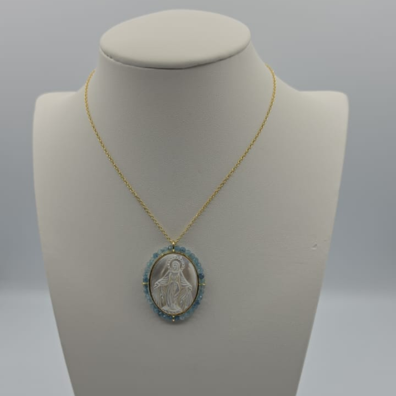 Cadena ajustable medalla V.Milagrosa nacar Aguamarina 22x30mm