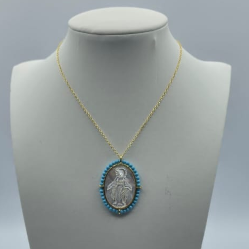 Cadena medalla V.Milagrosa nacar 18x22mm alrededor turquesa
