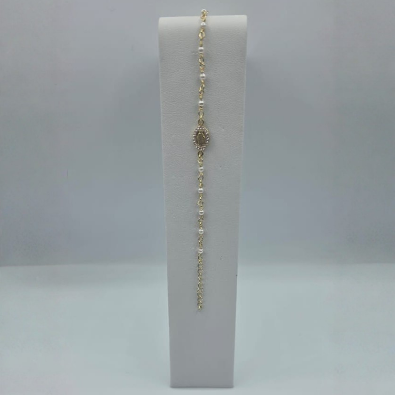 Pulsera Perla dije V.Milagrosa circon y plane dorado