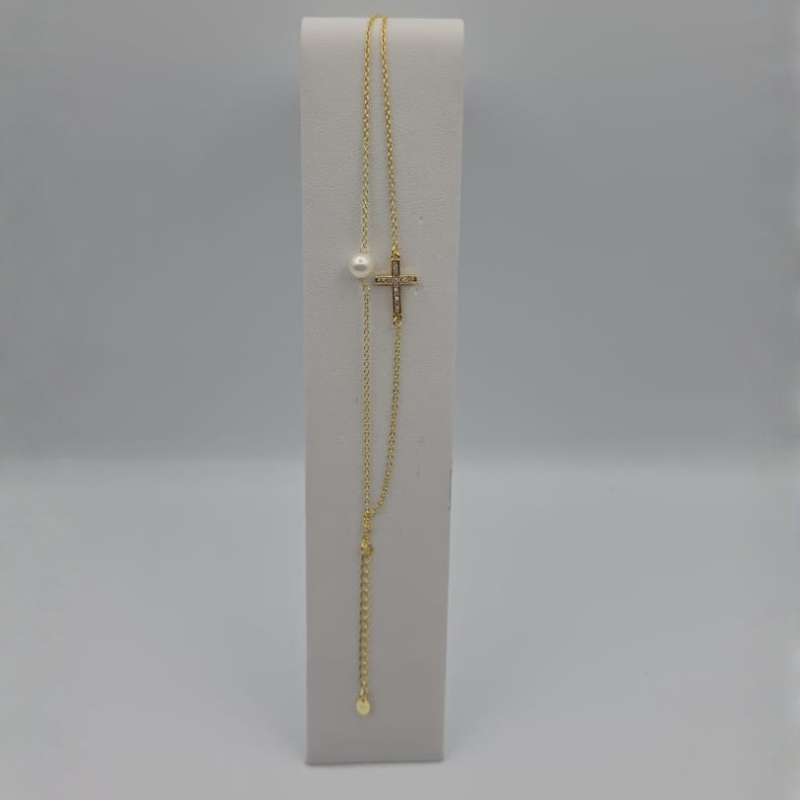 Pulsera cadena doble dijes perla y cruz circon