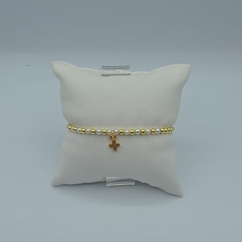 Pulsera hilo beis y perla, dihe cruz mini