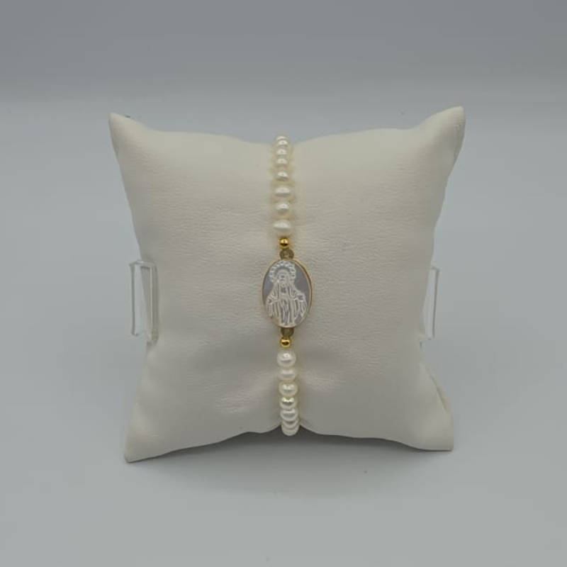 Pulsera De S Con Virgen Milagrosa Ovalada Pequeña Con Perla