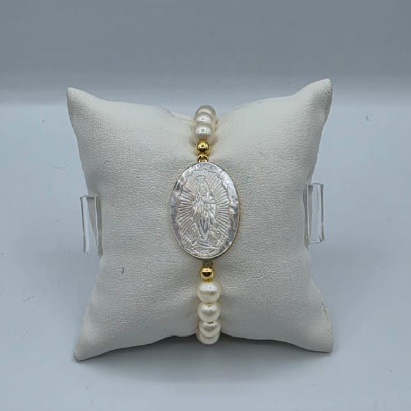 Pulsera De S Con Virgen De Guadalupe Ovalada Grande Con Perla