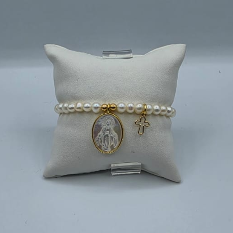 Pulsera elastica perla, medalla V.Milagrosa engastada nacar 15x20mm