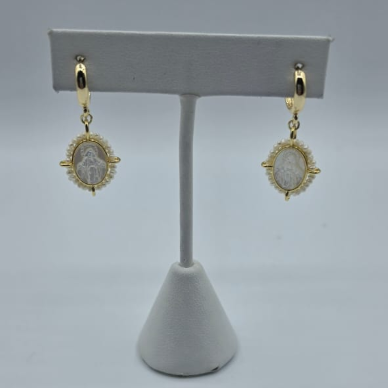 Argollas  Medalla V.M Mini Alrededor S Con Perla