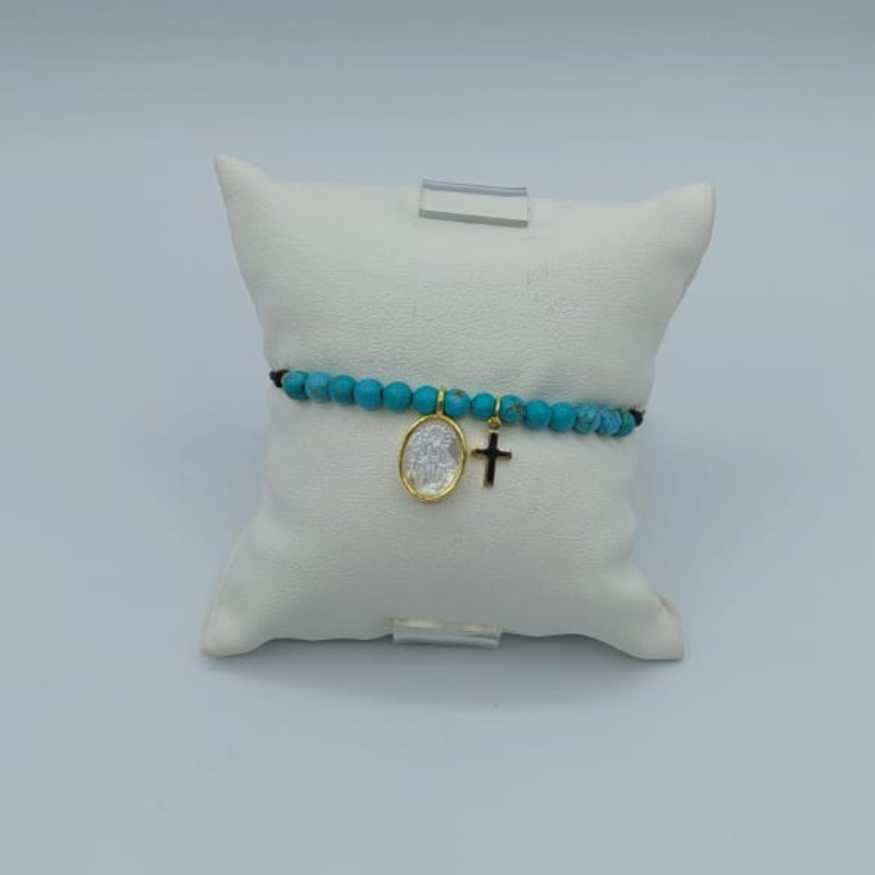 Pulsera Hilo Negro Turguesa Virgen Milagrosa Cruz