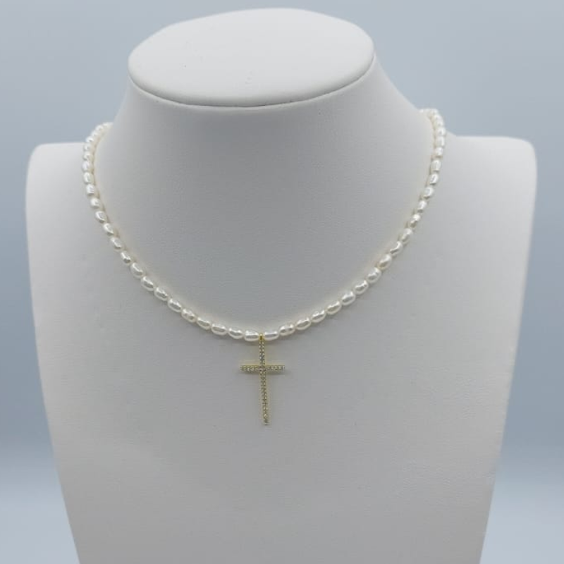 Collar  Arroz   Cruz Circon 3Mm Con Perla