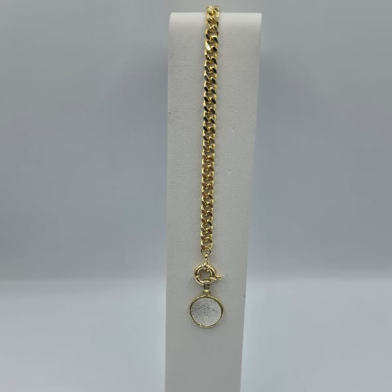 Pulsera cadena cubana dije san benito nacar 15mm