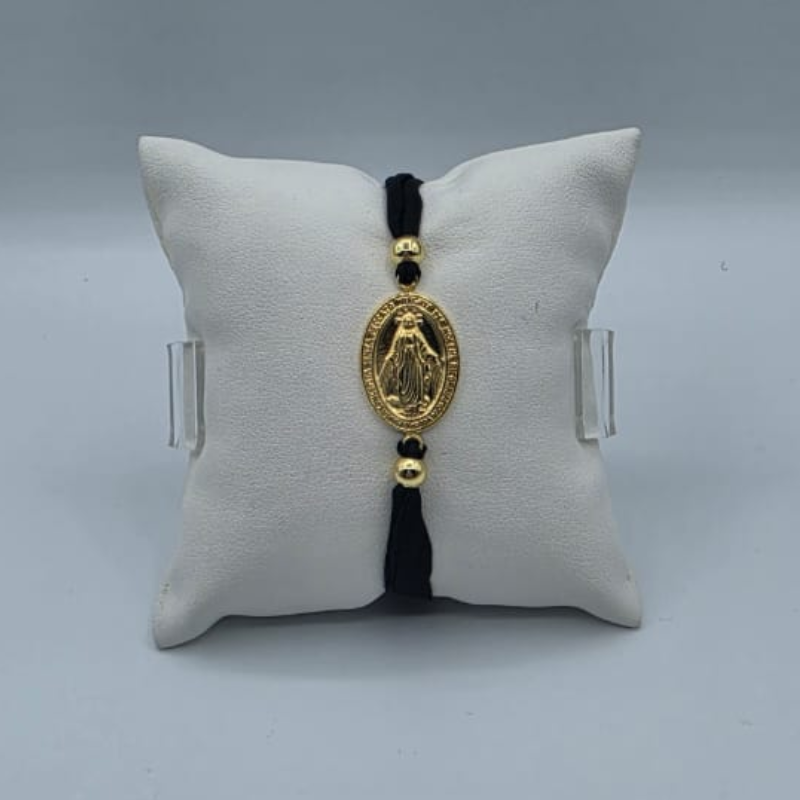 Pulsera Seda Negra  Virgen Milagrosa Dorada