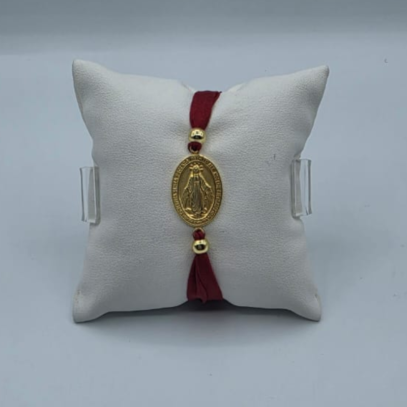 Pulsera seda color vino, medalla V.Milagrosa dorado 14x24mm