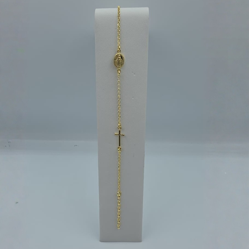 Pulsera rolo dije V.Milagrosa, cruz, dorado