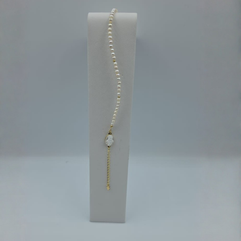 Pulsera perla, dije V.Milagrosa nacar mini 8x11, cruz