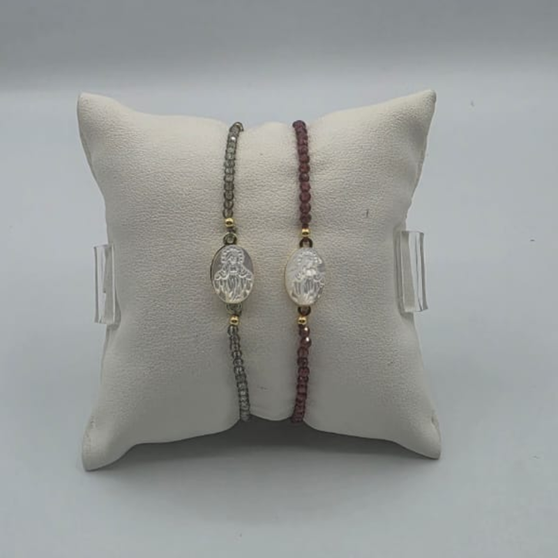 Pulsera hilo gris o vino medalla V.Milagrosa nacar 8x11mm, labadroite o granate